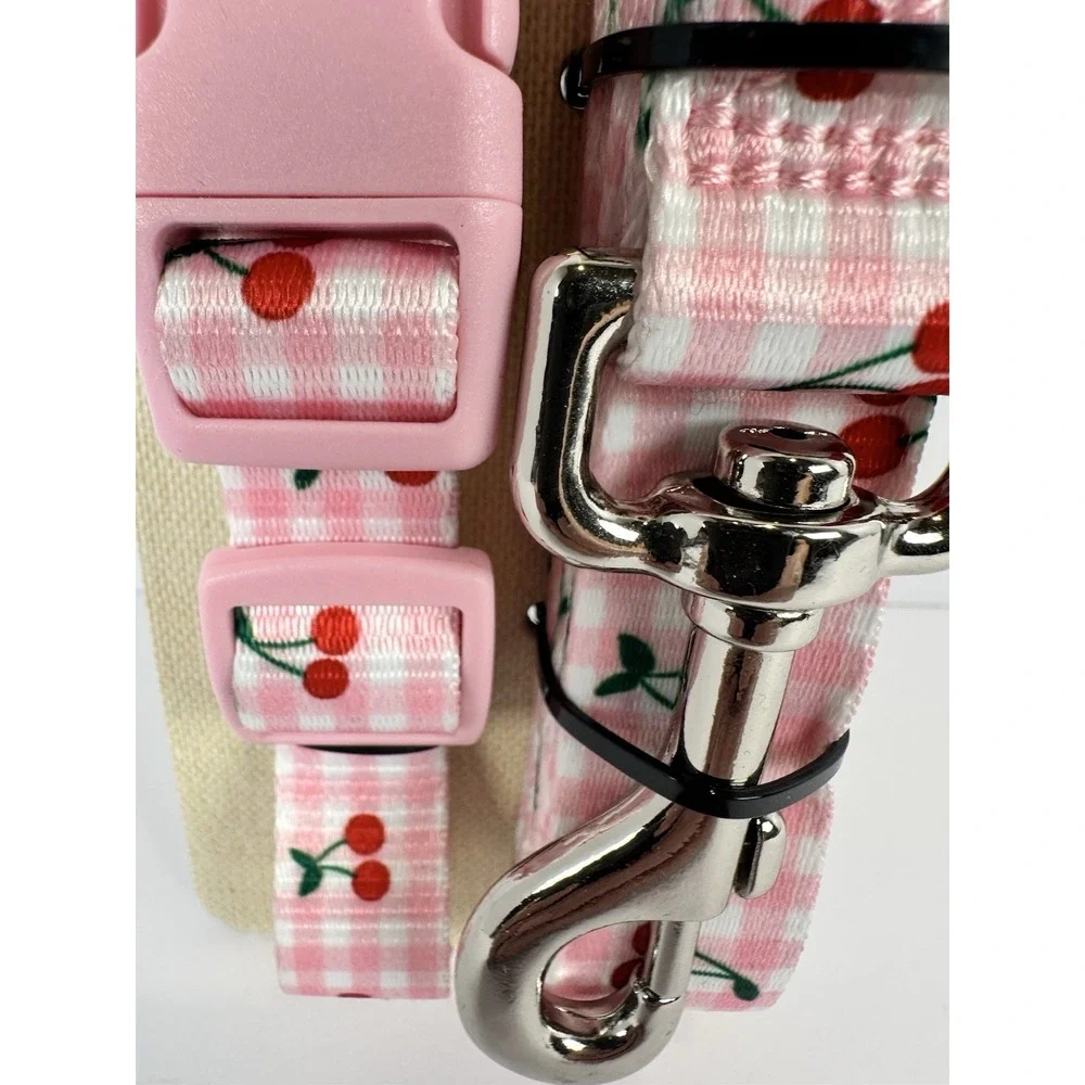 Barker & Jane Dog Collar Leash Set Pink Gingham Cherry Medium New